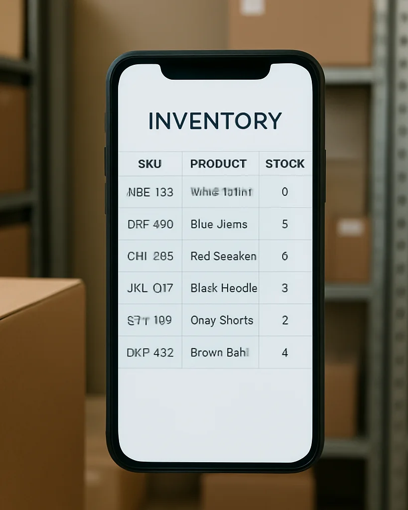 Close view of a smartphone in a shop storage room showing a clear