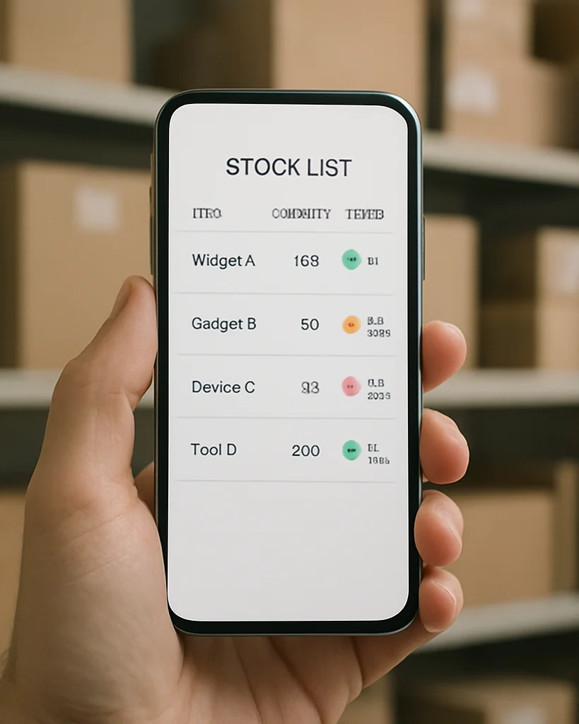 Close view of a smartphone held in a shop stockroom, its screen showing a clean itemized stock list with status indicato