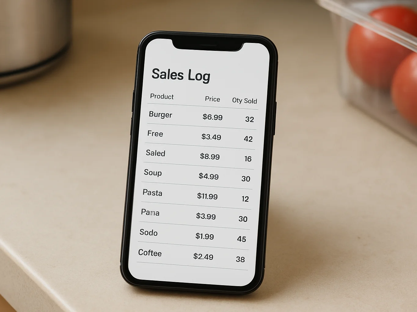 Mobile phone on a restaurant prep counter showing a sales log scr