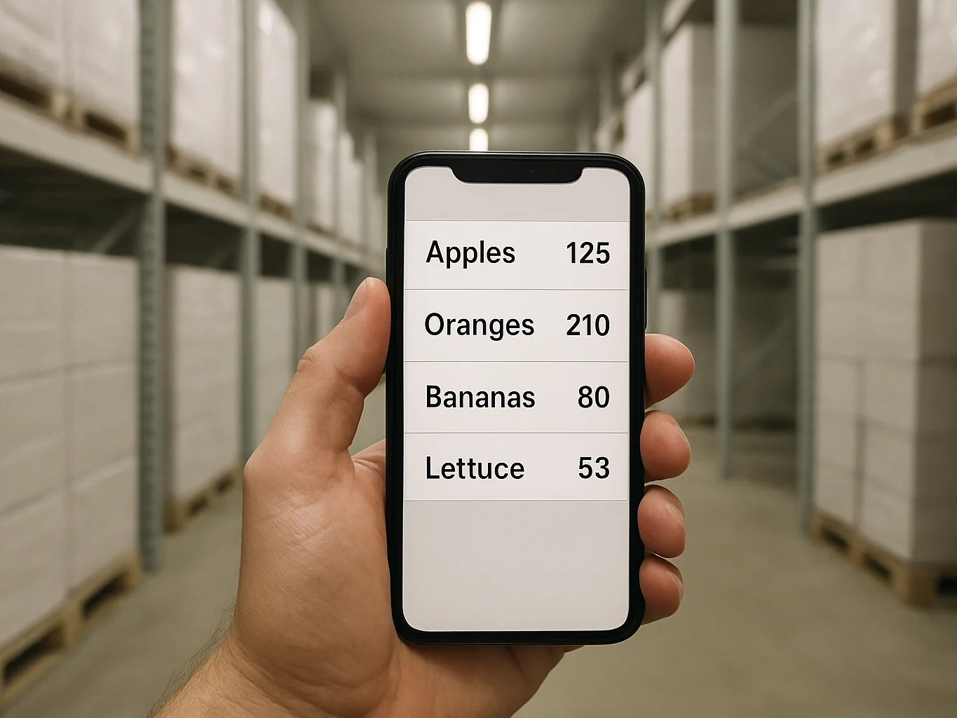 Hand holding a phone in a cold storage corridor, the screen showi