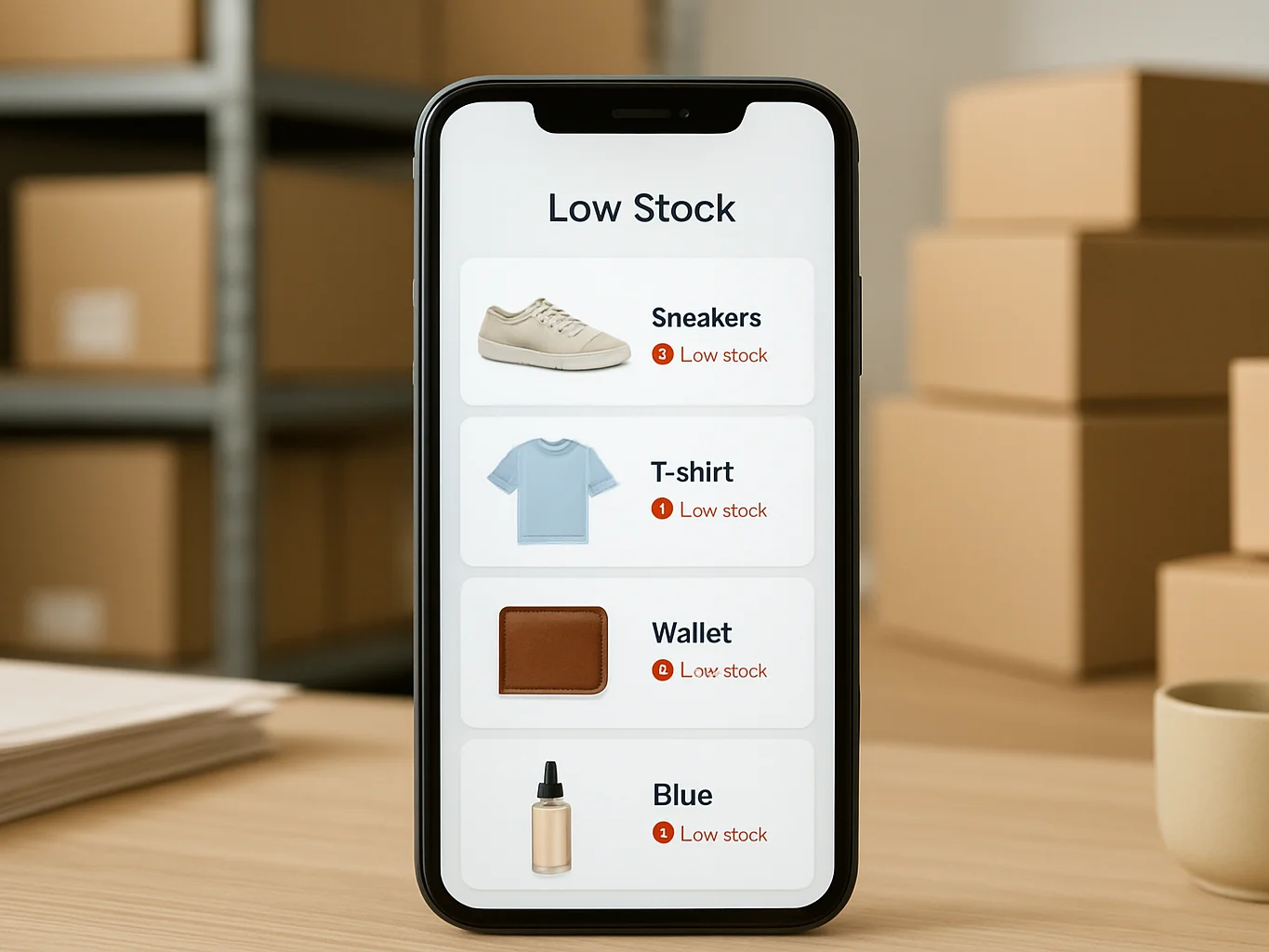 Mobile screen in a retail back office showing highlighted low-sto